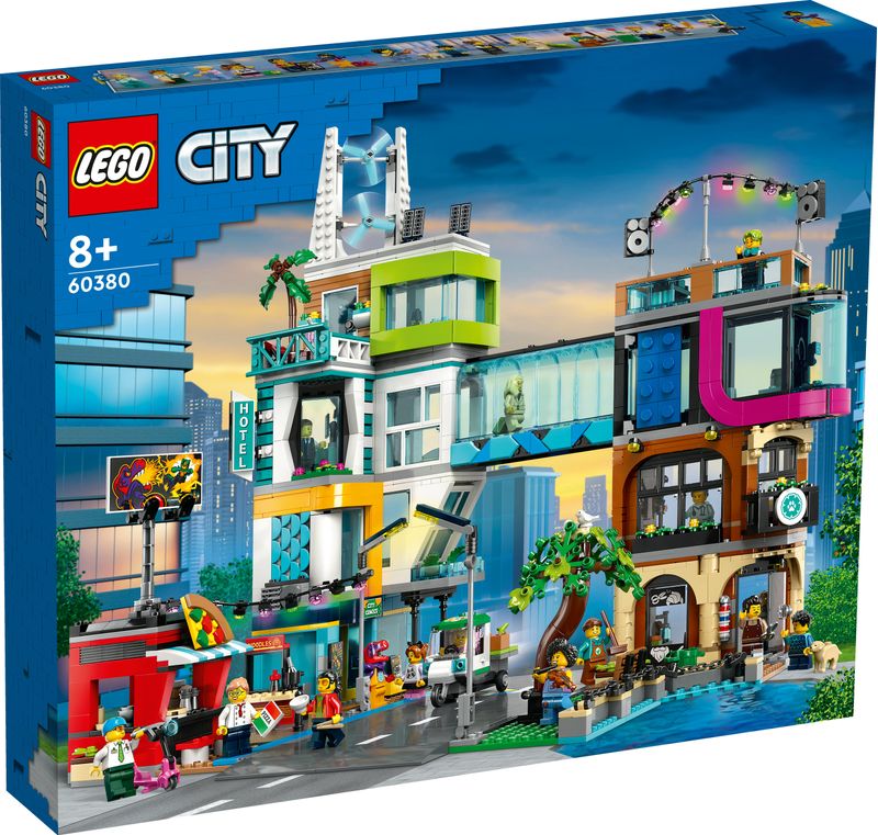 LEGO-City-60380-Downtown-Modular-Building-Set-con-Negozio-Barbiere-Studio-Blogging-Hotel-Discoteca-e-14-Minifigure