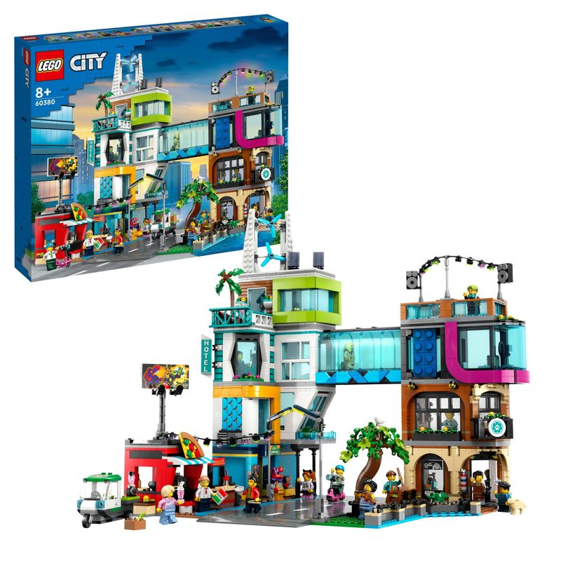 LEGO-City-60380-Downtown-Modular-Building-Set-con-Negozio-Barbiere-Studio-Blogging-Hotel-Discoteca-e-14-Minifigure