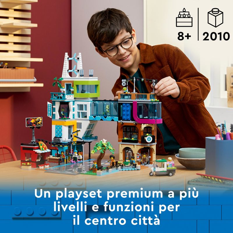 LEGO-City-60380-Downtown-Modular-Building-Set-con-Negozio-Barbiere-Studio-Blogging-Hotel-Discoteca-e-14-Minifigure