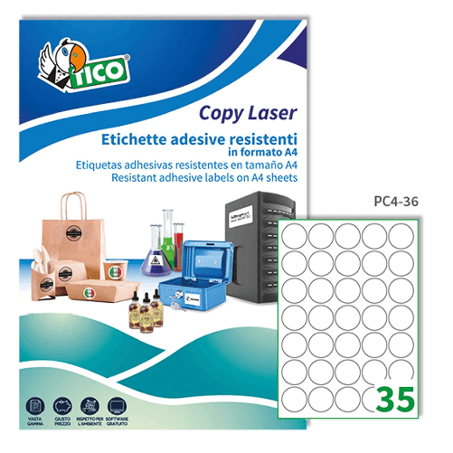TICO Poliestere adesivo PC4 trasparente 100fg A4 D36mm (35et/fg) laser Tico