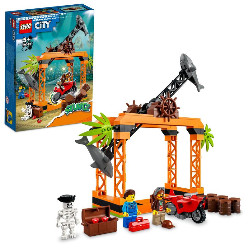 LEGO-City-Stuntz-60342-Sfida-Acrobatica-Attacco-dello-Squalo-Moto-Giocattolo-con-Minifigure-Giochi-per-Bambini-dai-5-Anni