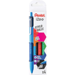 Pentel iZee Pack de 4 Boligrafos de Bola Retractiles - Punta 0.7mm - Trazo 0.35mm - Clip de Metal - Colores Negro, Azul,