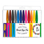 Pentel Brush Sing Pen Pack de 12 Rotuladores con Punta de Pincel - Lineas Finas o Gruesas dependiendo de la Presion - Fa