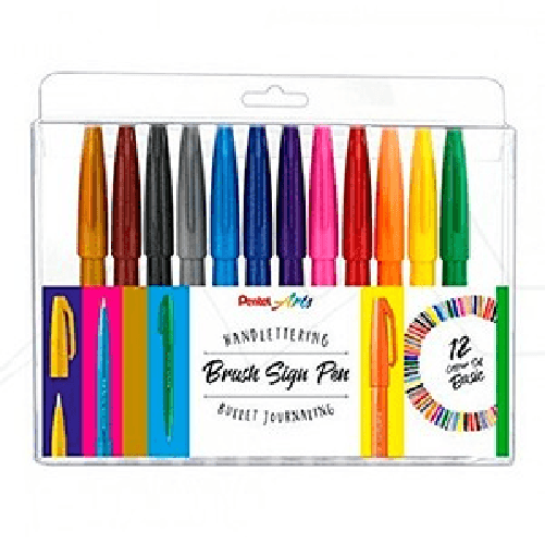 Pentel Brush Sing Pen Pack de 12 Rotuladores con Punta de Pincel - Lineas Finas o Gruesas dependiendo de la Presion - Fa