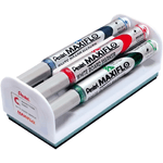 Pentel Maxiflo Pack de 4 Rotuladores para Pizarra Blanca + Borrador Magnetico - Punta de Bala - Ancho de Linea 2mm - Reg