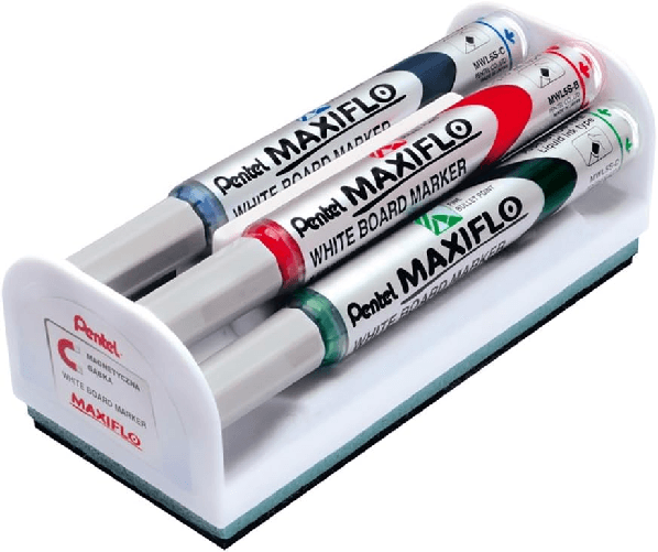 Pentel-Maxiflo-Pack-de-4-Rotuladores-para-Pizarra-Blanca---Borrador-Magnetico---Punta-de-Bala---Ancho-de-Linea-2mm---Reg