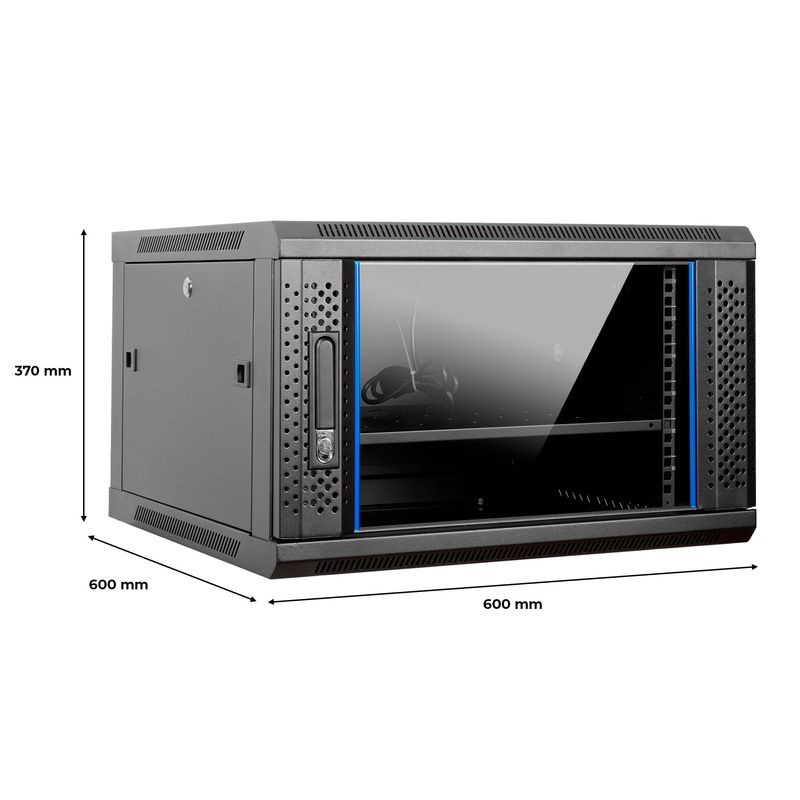 Aiten-Data-AI6606-Pensile-6U-profondita-600---Porta-in-vetro---Blocco-di-sicurezza---Include-vassoio-fisso-e-ventola-da-120-mm---Colore-nero