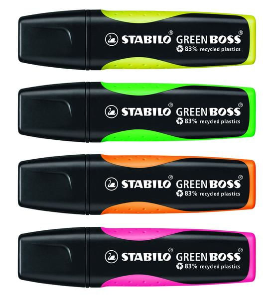 Stabilo-Green-Boss-Set-de-Mesa-de-4-Marcadores-Fluorescentes-83--Plastico-Reciclado---Bloc-de-Notas-Adhesivas-100--Papel