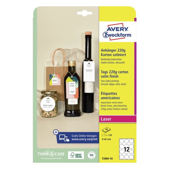 AVERY Cartellini stampabili bordi lisci D60mm 10fg(12cart/fg) bianco Avery