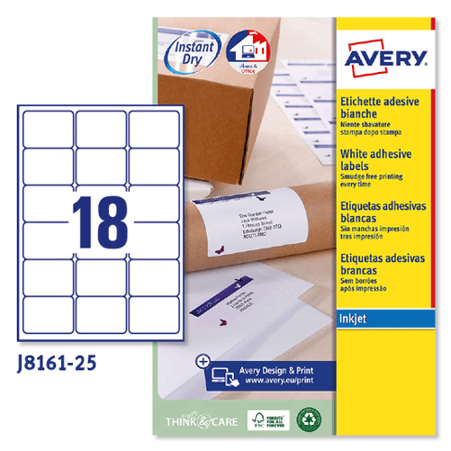 AVERY Etichetta adesiva J8161 bianca 25fg A4 63,5x46,6 (18et/fg) inkjet Avery
