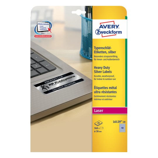AVERY Poliestere adesivo L6129 argento 20fg A4 D 30mm(48et/fg) laser Avery