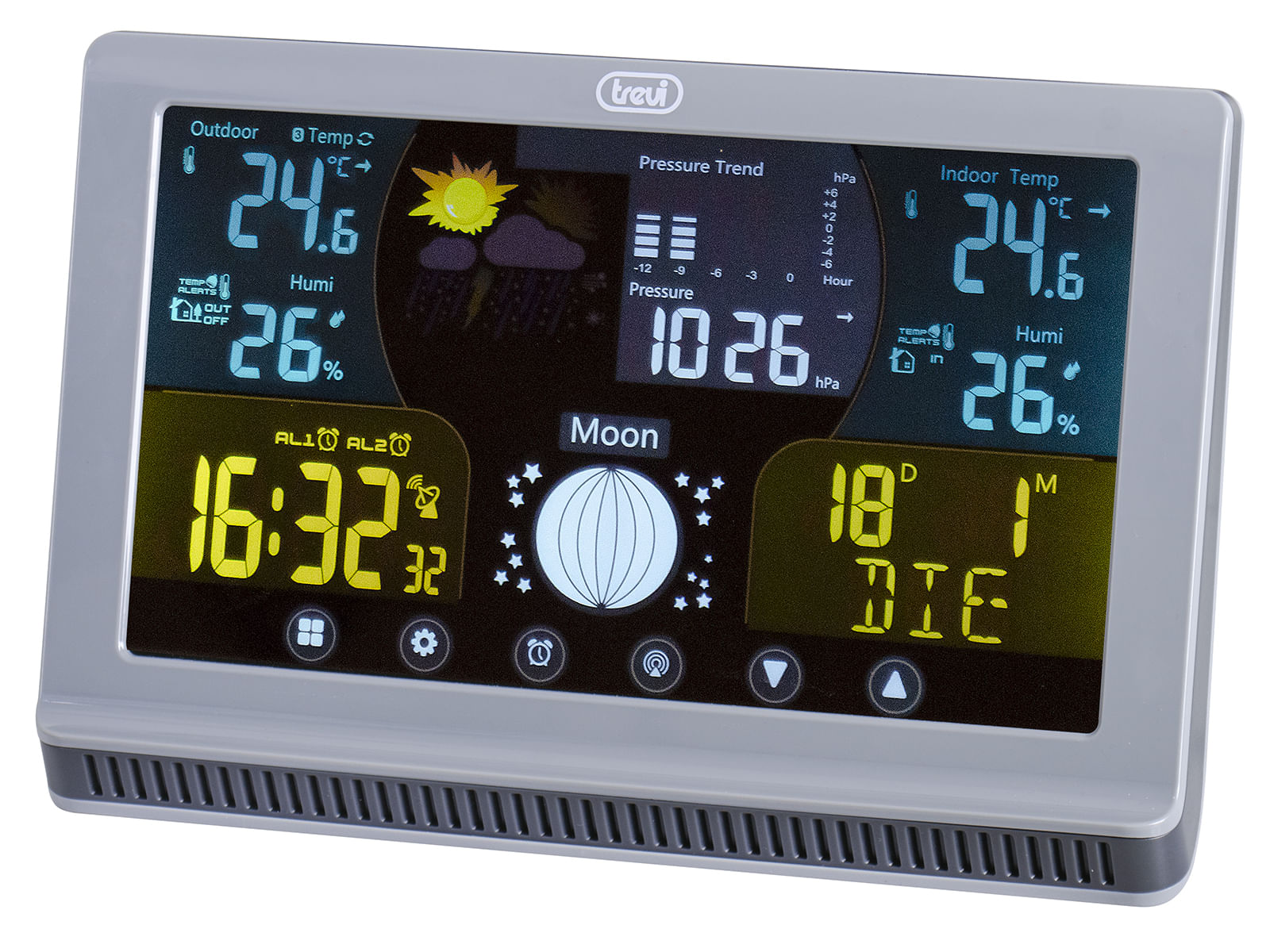 Trevi Stazione meteo con grande display a colori LCD, comandi touch, radiocontrollato 12/24