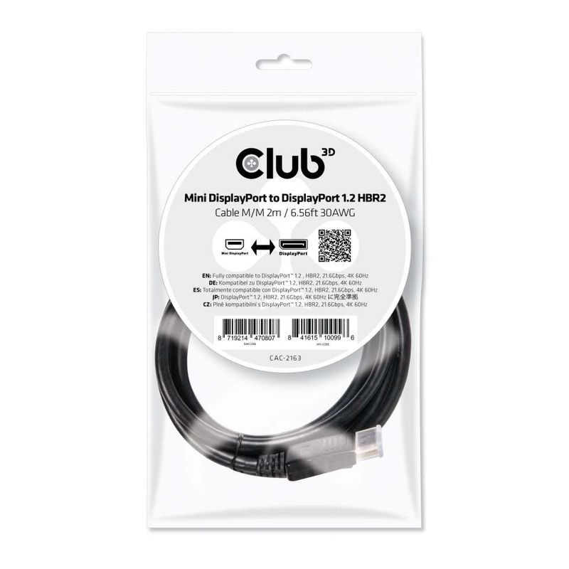 CLUB3D-Mini-DisplayPort-to-DisplayPort-1.2-M-M-2m-6.56ft-4K60Hz