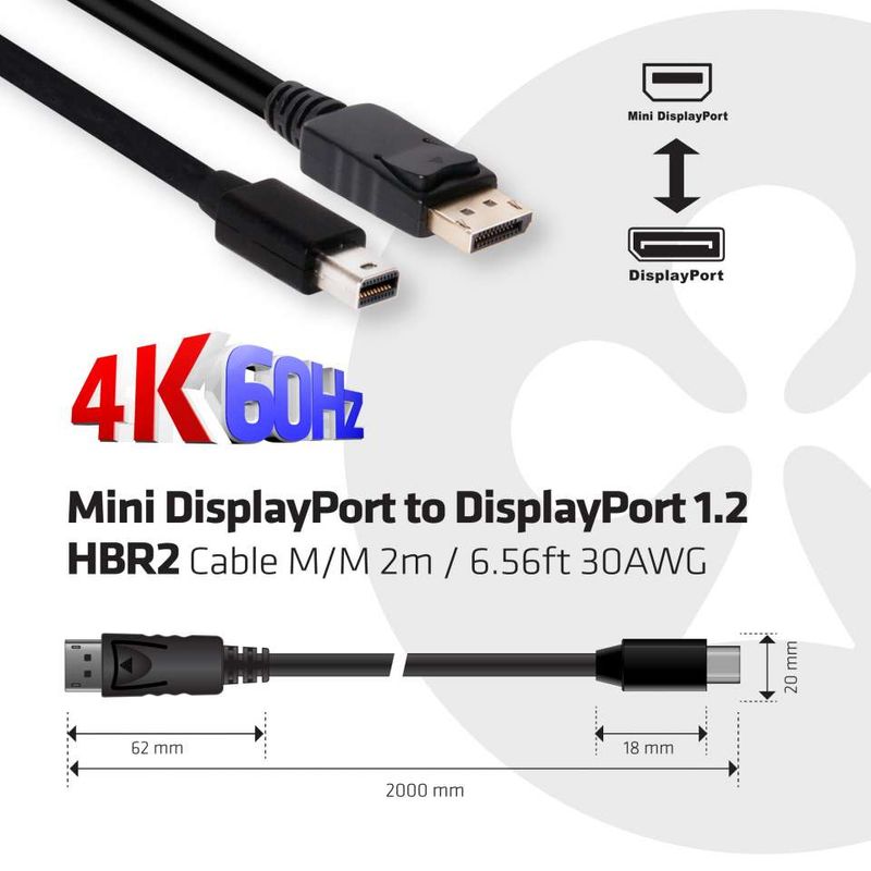 CLUB3D-Mini-DisplayPort-to-DisplayPort-1.2-M-M-2m-6.56ft-4K60Hz