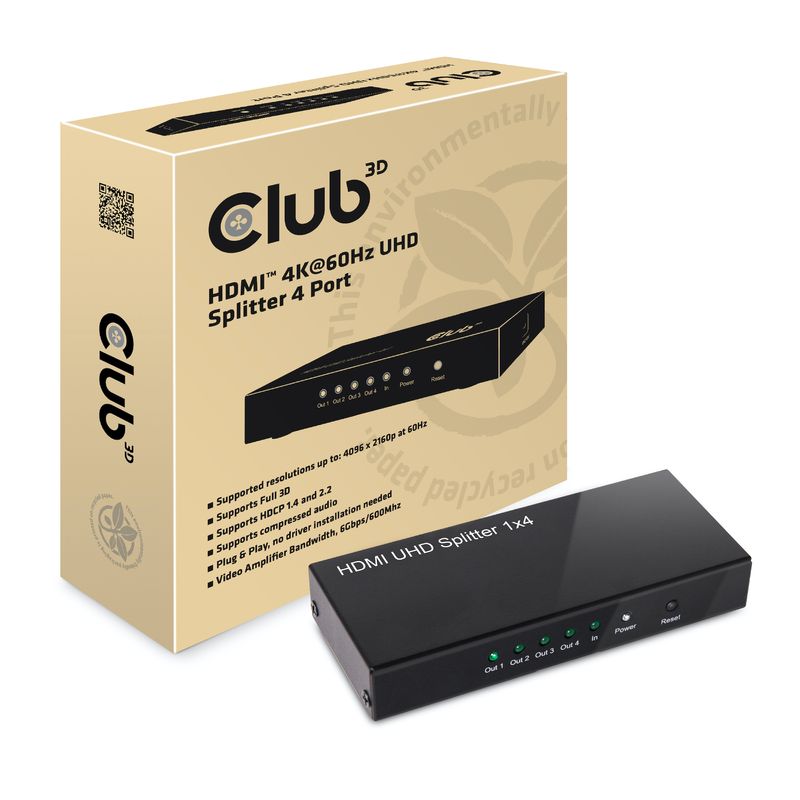 CLUB3D-HDMI-4K-60Hz-UHD-Splitter-AC-Power-4-ports