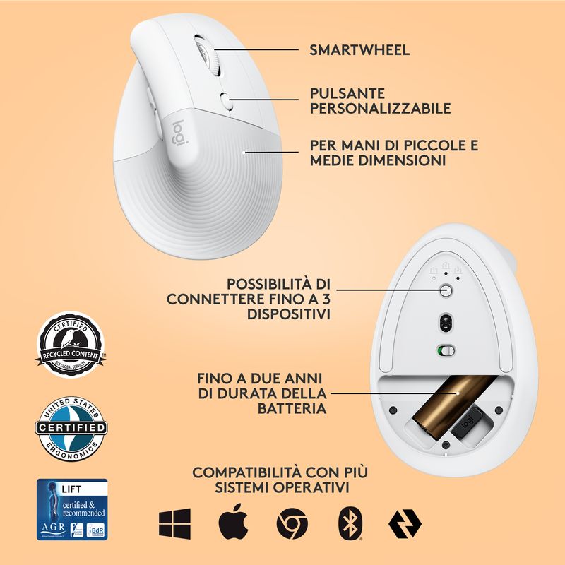 Logitech-Lift-Mouse-Ergonomico-Verticale-Senza-Fili-Ricevitore-Bluetooth-o-Logi-Bolt-USB-Clic-Silenziosi-4-Tasti-Co