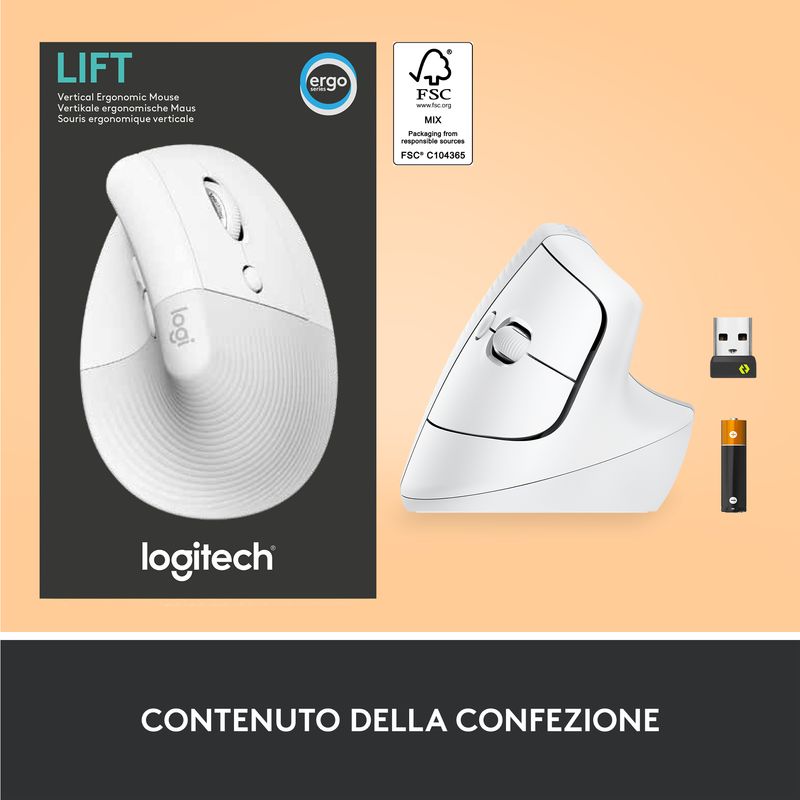 Logitech-Lift-Mouse-Ergonomico-Verticale-Senza-Fili-Ricevitore-Bluetooth-o-Logi-Bolt-USB-Clic-Silenziosi-4-Tasti-Co