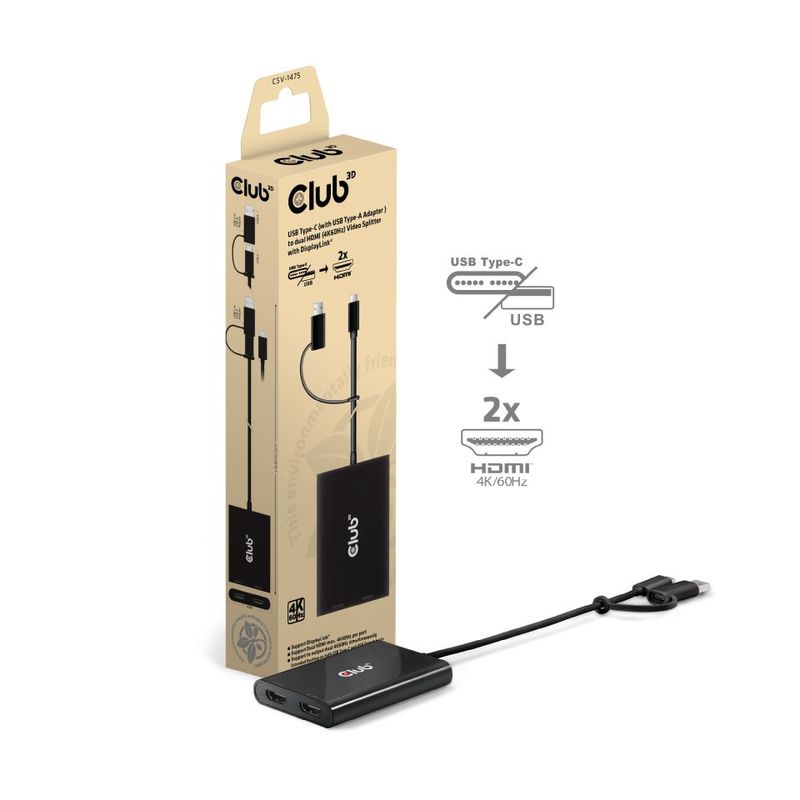 Club3D-Video-Splitter-Con-Displaylink-Usb-Type-C--Con-Adattatore-Type-A--A-Dual-Hdmi--4K60Hz-