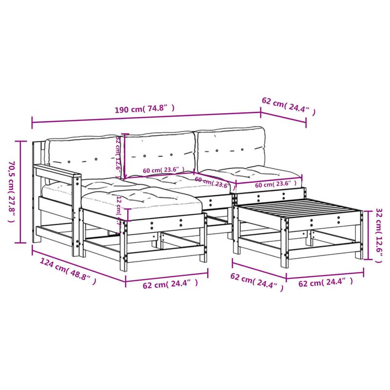 vidaXL-Set-Divani-da-Giardino-5-pz-con-Cuscini-in-Legno-Massello