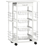 HOMCOM Carrello da Cucina con Cassetto, 4 Cesti e 4 Ripiani, in Metallo, Ceramica e Legno, 57x37x83 cm, Bianco