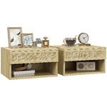 HOMCOM Set 2 Comodini con Cassetto e Ripiani Aperti in stile Nordico, in Truciolato e Rattan, 40x34x23 cm
