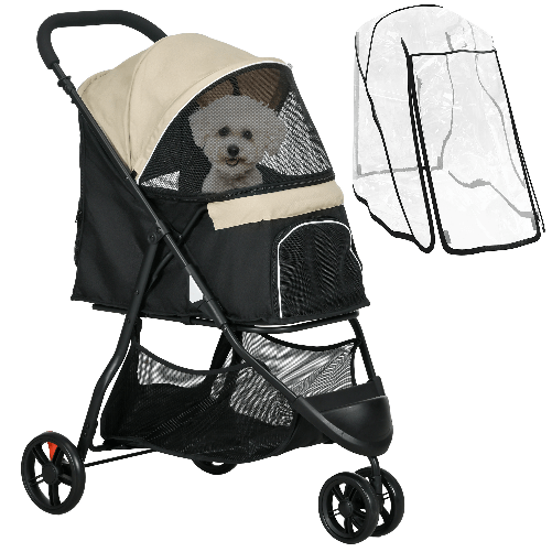 PawHut Passeggino per Cani Piccoli Pieghevole a 3 Ruote con Copertura Antipioggia e Cestino, Cachi