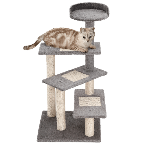 PawHut Tiragraffi per Gatti da 100cm con Lettino Rotondo, Pali in Sisal e Rivestimento in Peluche, Grigio