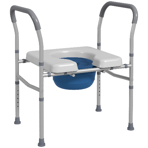 HOMCOM Sedia Comoda WC per Anziani e Disabili 4 in 1 Regolabile in Altezza con Braccioli Imbottiti, Grigio