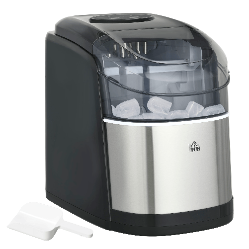HOMCOM Macchina del Ghiaccio Autopulente da 9 Cubetti in 6-12 Minuti, in PP e Acciaio Inox, 24.2x35.3x33 cm, Nera