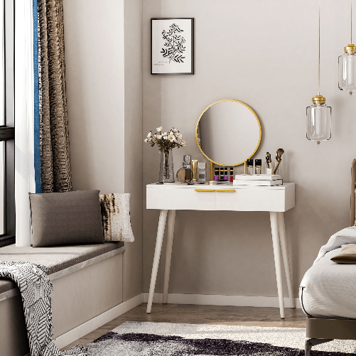 HOMCOM Tavolo Trucco con Specchio e 2 Cassetti per Accessori, in Legno, 80x40x123 cm, Bianco