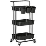 HOMCOM Carrello Cucina Multiuso a 3 Livelli con Cestini e Ganci Rimovibili, Ripiano con 12 Divisori, Nero