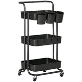 HOMCOM Carrello Cucina Multiuso a 3 Livelli con Cestini e Ganci Rimovibili, Ripiano con 12 Divisori, Nero