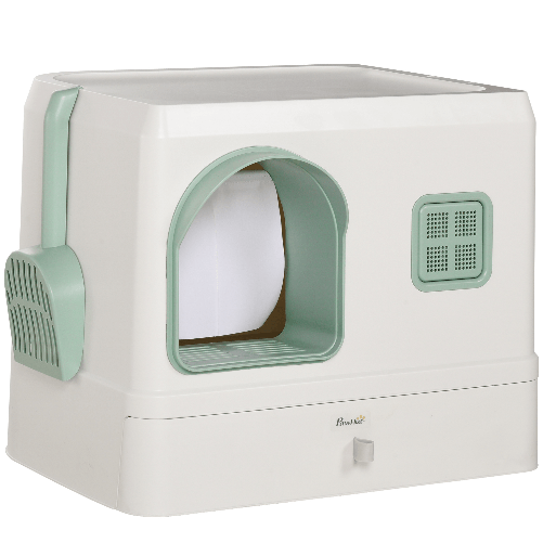 PawHut Lettiera per Gatti Coperta con Deodoranti, Vassoio e Paletta, in ABS e PP, 50x40x40 cm, Verde e Bianco