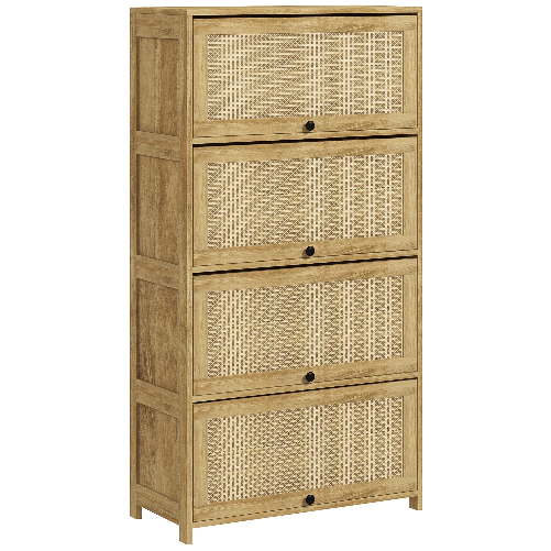 HOMCOM Mobile Cucina in stile Boho con 4 Ante a Ribalta, in Truciolato e Rattan, 70x32x132.8 cm