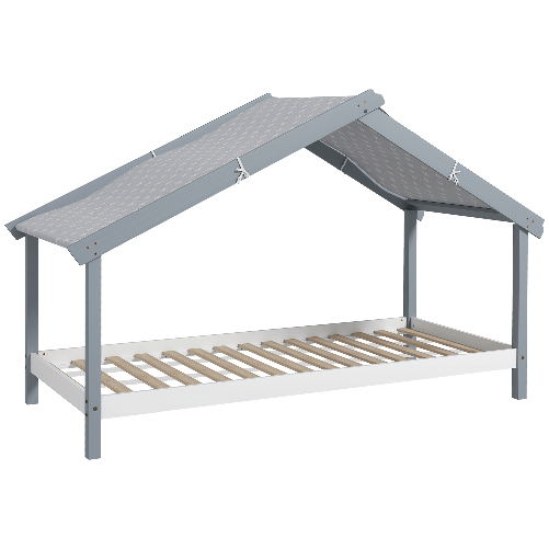 HOMCOM Letto a Casetta in Legno di Pino a 15 Doghe con Tetto Stellato in Tessuto, 213x100x140 cm, Grigio