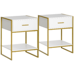 HOMCOM Set 2 Comodini Moderni con Cassetto e Ripiano Aperto in MDF e Acciaio, 45x40x60cm, Bianco e Oro