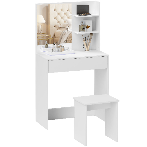 HOMCOM Tavolo da Trucco a 3 Ripiani e Cassetti con Specchio e Sgabello, in Truciolato, 75x40x137 cm