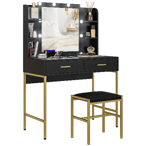 HOMCOM Tavolo da Trucco con 2 Cassetti, 6 Ripiani, Specchio e Sgabello, in Legno e Acciaio, 90x45x132