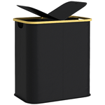 HOMCOM Cesto Portabiancheria da 80L a 2 Sezioni con Coperchio, in Tessuto non Tessuto e Bambù, 54x34x58.5 cm, Nero