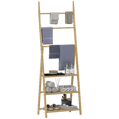 HOMCOM Scaffale Bagno 3 Ripiani con Porta Asciugamani a 3 Barre, Autoportante e Pieghevole in Legno di Bambù