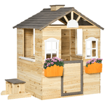 Outsunny Casetta Bimbi 3-7 Anni a 2 Finestre con Portavasi e Panchina, in Legno di Abete e PP, 113Lx94x134.5 cm