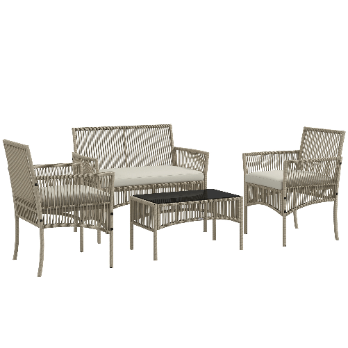 Outsunny Set da Giardino in Rattan da 4 Pezzi con 2 Poltroncine, Divano e Tavolino da Caffè, Kaki e Nero