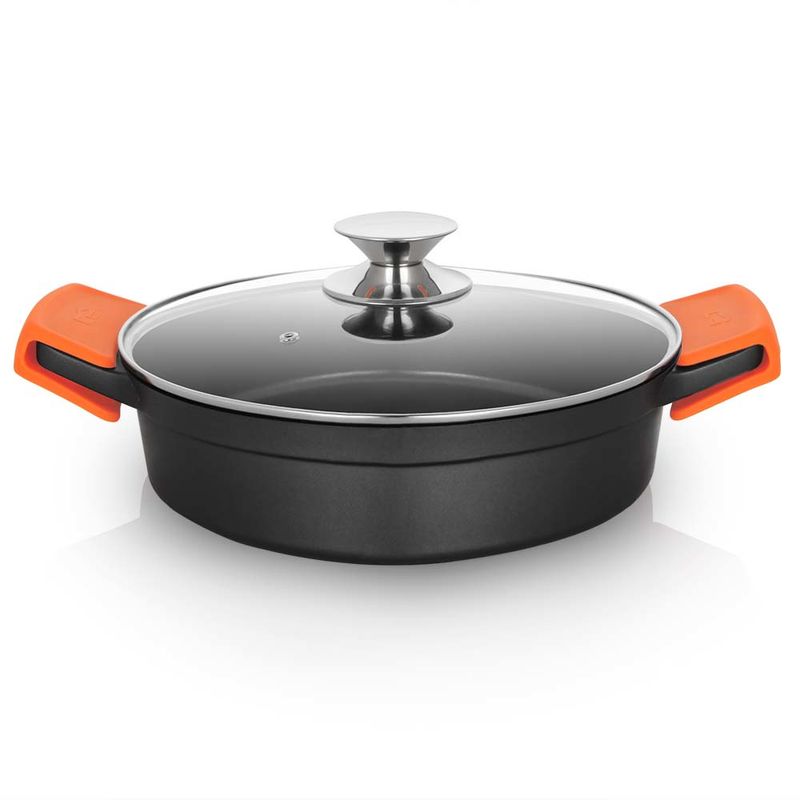 Casseruola-Bassa-Serie-Orbegozo-CBD-28-L---Alluminio-Pressofuso-Indeformabile---Manici-in-Silicone---Coperchio-in-Vetro