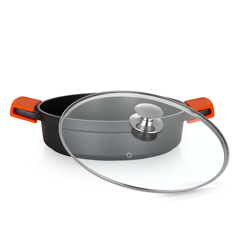 Casseruola-Bassa-Serie-Orbegozo-CBD-28-L---Alluminio-Pressofuso-Indeformabile---Manici-in-Silicone---Coperchio-in-Vetro