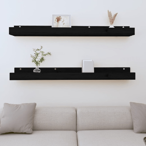vidaXL-Mensole-da-Parete-2pz-Nero-110x12x9cm-in-Legno-Massello-di-Pino