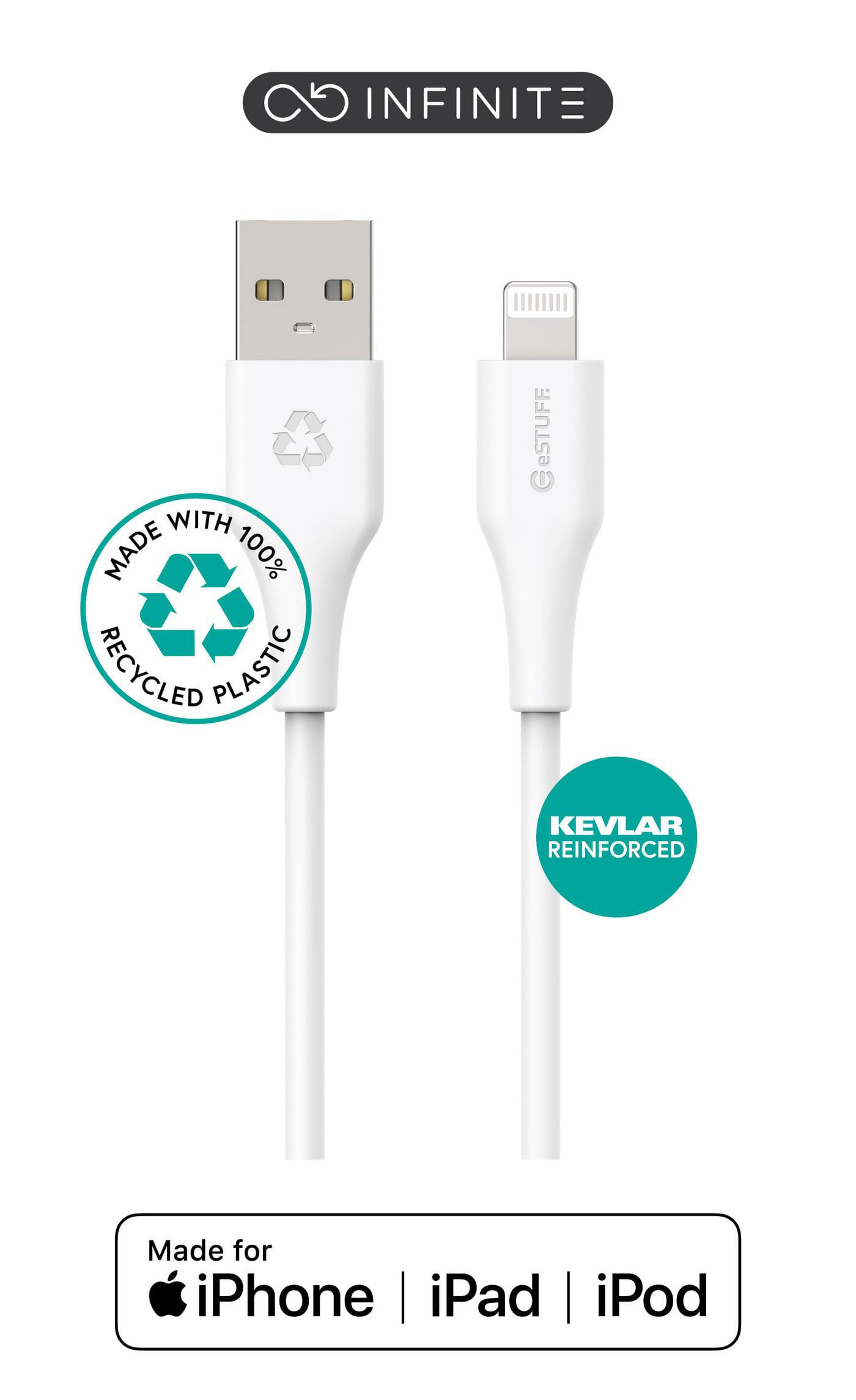 ESTUFF ES601170 cavo Lightning 1 m Bianco (INFINITE USB-A to Lightning - Cable MFI 1m White. Recycled - Plastic. Super S