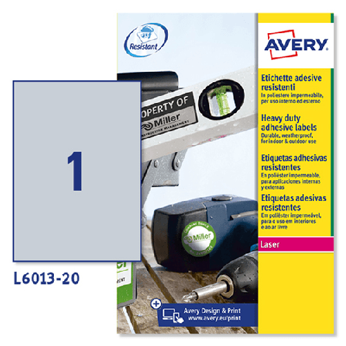 AVERY Poliestere adesivo L6013 argento 20fg A4 210x297mm (1et/fg) laser Avery