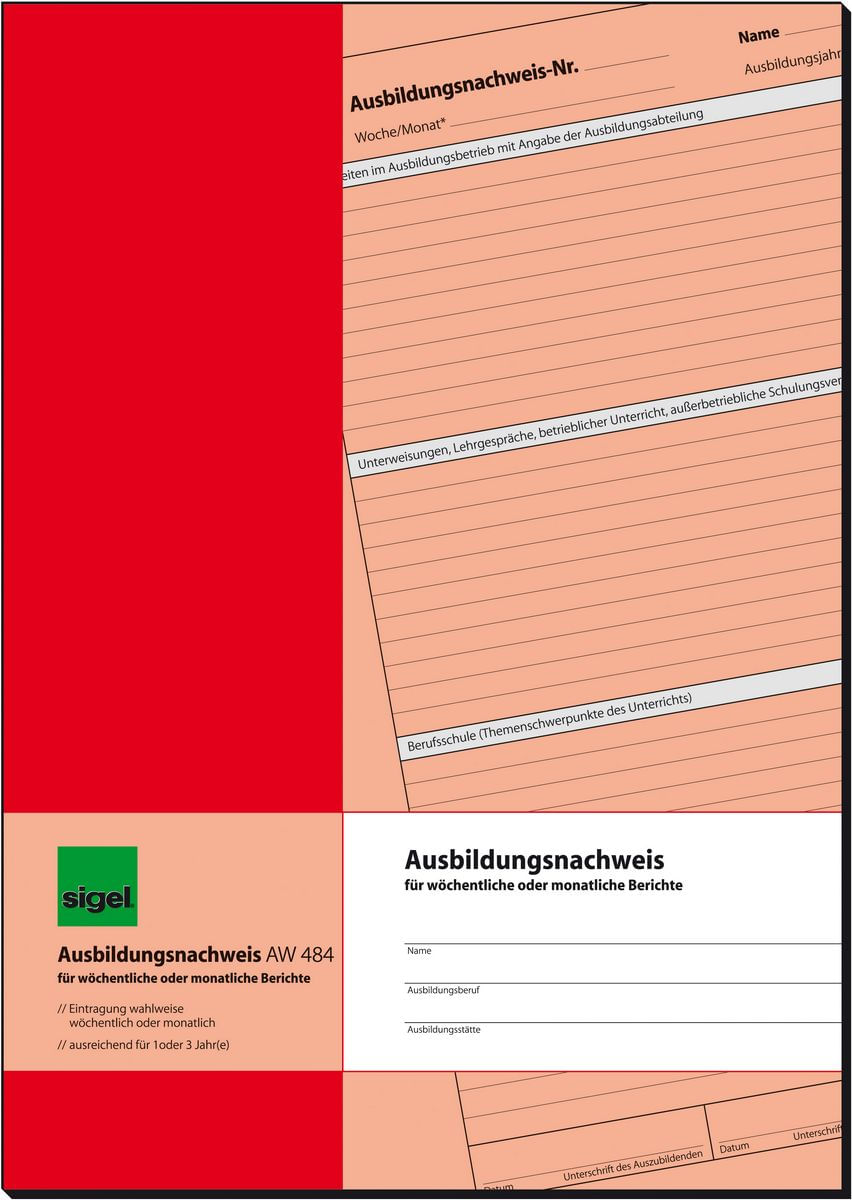 Sigel Modulo SIGEL libretto prova di formazione, registrazioni settimanali/mensili AW484 DIN A4 1x 28 pagine