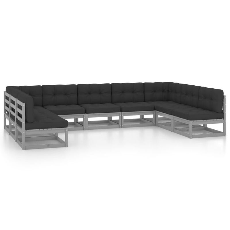 vidaXL-Set-Divani-da-Giardino-9-pz-Grigio-Cuscini-Massello-di-Pino