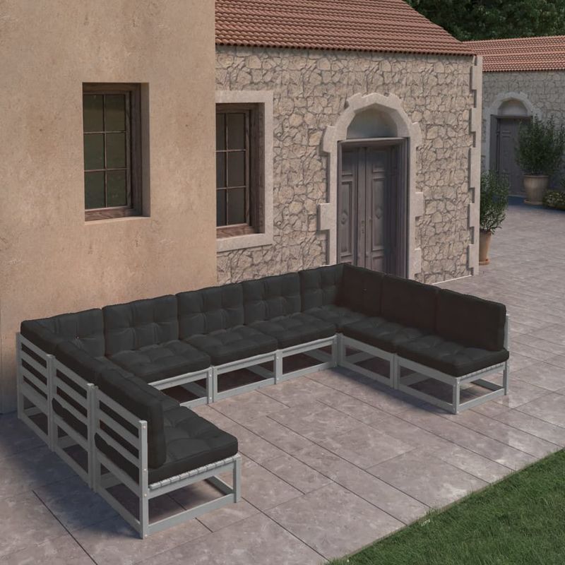 vidaXL-Set-Divani-da-Giardino-9-pz-Grigio-Cuscini-Massello-di-Pino